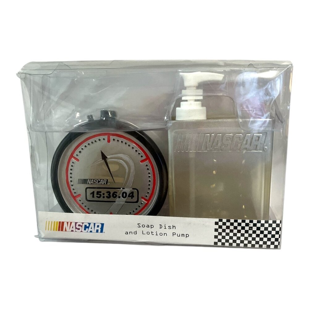NASCAR-Themed Soap Dish & Lotion Pump Set With Race Clock Design